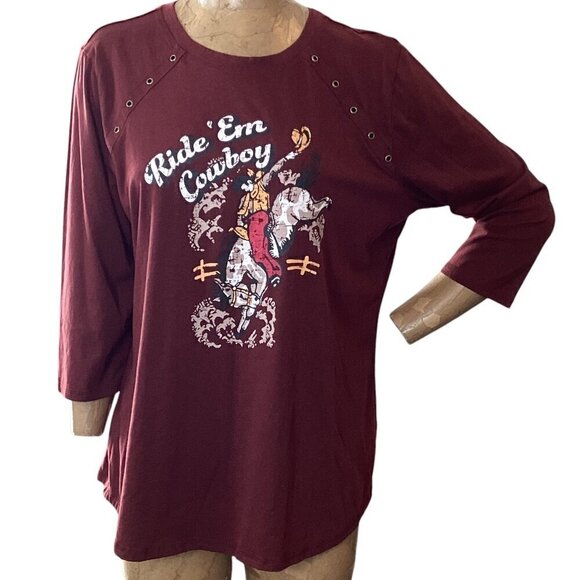 Panhandle Women's Graphic Tee "Ride 'Em Cowboy" XXL Burgundy #28U - Picture 1 of 9